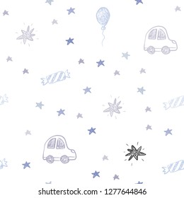 Light BLUE vector seamless pattern in christmas style. Abstract illustration with a toy car, baloon, candy, star, ball. Template for new year postcards.