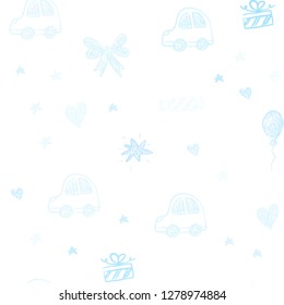 Light BLUE vector seamless pattern with christmas toys. Design in xmas style with a toy car, heart, baloon, tulip, candy, ball. Template for new year postcards.