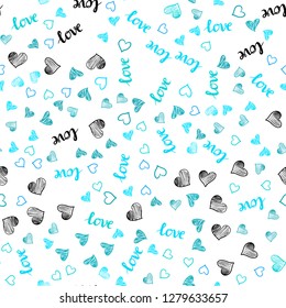 Light BLUE vector seamless pattern with phrase LOVE YOU, hearts. Design in doodle style with text LOVE YOU, hearts. Texture for window blinds, curtains.
