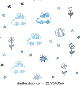 Light BLUE vector seamless pattern with christmas toys. Design in xmas style with a toy car, heart, baloon, tulip, candy, ball. Pattern for carnival, festival ads.