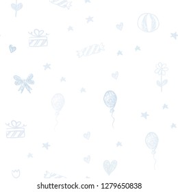 Light BLUE vector seamless pattern in christmas style. Illustration with a gradientheart, baloon, candy, gift, star, ribbon. Pattern for birthday gifts.