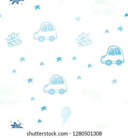 Light BLUE vector seamless pattern in christmas style. Shining illustration with a toy car, baloon, candy, star, ball. Design for holiday adverts.