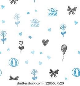 Light BLUE vector seamless pattern in christmas style. Illustration with a colorfulheart, baloon, candy, gift, star, ribbon. Pattern for carnival, festival ads.