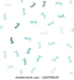 Light BLUE vector seamless pattern with phrase LOVE YOU. Decorative design in doodle style with text LOVE YOU. Texture for window blinds, curtains.