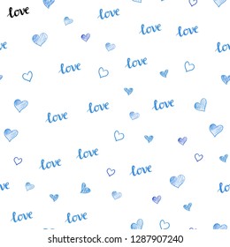 Light BLUE vector seamless pattern with phrase LOVE YOU, hearts. Illustration with phrase LOVE YOU, hearts for valentine's day. Pattern for trendy fabric, wallpapers.