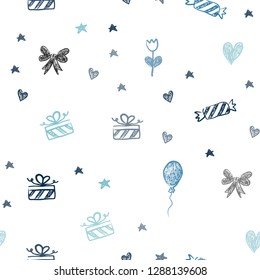 Light BLUE vector seamless pattern in christmas style. Illustration with a gradientheart, baloon, candy, gift, star, ribbon. Design for colorful commercials.