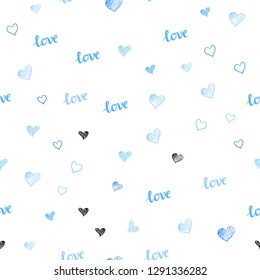 Light BLUE vector seamless pattern with phrase LOVE YOU, hearts. Design in doodle style with text LOVE YOU, hearts. Design for wallpaper, fabric makers.