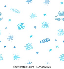 Light BLUE vector seamless pattern in christmas style. Shining illustration with a toy car, baloon, candy, star, ball. Design for colorful commercials.