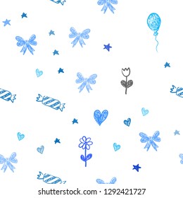 Light BLUE vector seamless pattern in christmas style. Shining illustration with aheart, baloon, candy, gift, star, ribbon. Pattern for birthday gifts.