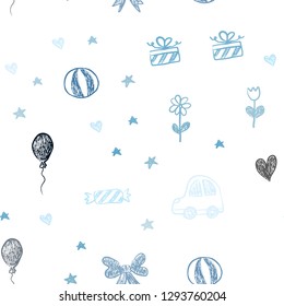Light BLUE vector seamless pattern with christmas toys. Design in xmas style with a toy car, heart, baloon, tulip, candy, ball. Design for holiday adverts.