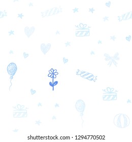 Light BLUE vector seamless pattern in christmas style. Abstract illustration with aheart, baloon, candy, gift, star, ribbon. Design for holiday adverts.