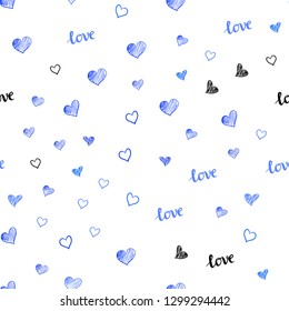 Light BLUE vector seamless pattern with phrase LOVE YOU, hearts. Romantic illustration with colorful phrase LOVE YOU, hearts. Pattern for design of fabric, wallpapers.