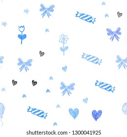 Light BLUE vector seamless pattern in christmas style. Shining illustration with aheart, baloon, candy, gift, star, ribbon. Design for holiday adverts.