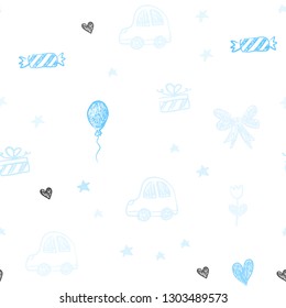 Light BLUE vector seamless pattern with christmas toys. Illustration with a colorful toy car, heart, baloon, tulip, candy, ball. Design for colorful commercials.