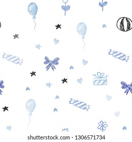 Light BLUE vector seamless pattern in christmas style. Illustration with a gradientheart, baloon, candy, gift, star, ribbon. Template for new year postcards.