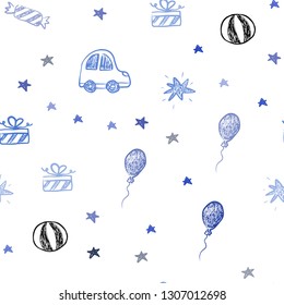 Light BLUE vector seamless pattern in christmas style. Design in xmas style with a toy car, baloon, candy, star, ball. Design for holiday adverts.