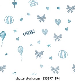 Light BLUE vector seamless pattern in christmas style. Abstract illustration with aheart, baloon, candy, gift, star, ribbon. Design for holiday adverts.