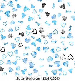 Light BLUE vector seamless pattern with phrase LOVE YOU, hearts. Design in doodle style with text LOVE YOU, hearts. Pattern for trendy fabric, wallpapers.