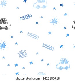 Light BLUE vector seamless pattern in christmas style. Design in xmas style with a toy car, baloon, candy, star, ball. Design for colorful commercials.