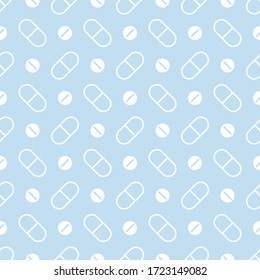Light blue vector seamless pattern background for medical, health care design with pills, medications, vitamins.
