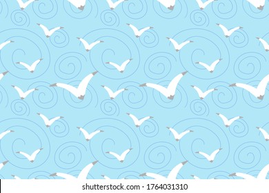 Light blue vector seamless pattern with seagulls and spirals. Flying birds illustration for fabric, textile, banner, calendar, wallpaper, background, cover, wrapping paper