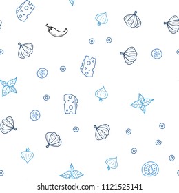 Light BLUE vector seamless template with organic meal. Illustration with set of fresh food in doodle style. Template for meal cooking in kitchen.