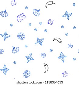 Light BLUE vector seamless template with organic meal. Glitter abstract sketch with gourmet food. Doodle design for your business advert of cafes.