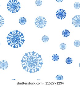 Light BLUE vector seamless template with ice snowflakes. Blurred decorative design in xmas style with snow. Trendy design for wallpaper, fabric makers.