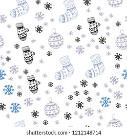 Light BLUE vector seamless template with ice snowflakes, balls, socks, mittens. Colorful xmas elements with gradient. Design for wallpaper, fabric makers.