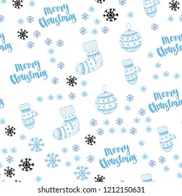 Light BLUE vector seamless template with ice snowflakes, balls, socks, mittens. Glitter abstract illustration with gradient. Pattern for trendy fabric, wallpapers.