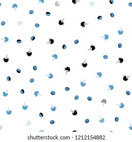 Light BLUE vector seamless template with cups of coffee, beans. Gradient illustration with coffee beans, tea cups. Design for ad, poster, banner of cafes, restaurants.