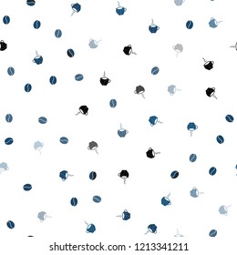 Light BLUE vector seamless template with cups of coffee, beans. Glitter abstract backdrop with gradient mugs, coffee grains. Pattern for ads of breakfast, lunch, dinner.