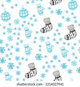 Light BLUE vector seamless template with ice snowflakes, balls, socks, mittens. Shining colorful illustration in christmas style. Design for wallpaper, fabric makers.