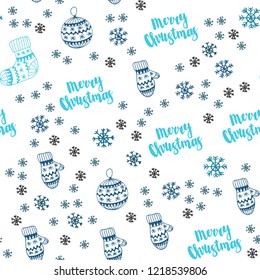 Light BLUE vector seamless template with ice snowflakes, balls, socks, mittens. Colorful xmas elements with gradient. Pattern for design of fabric, wallpapers.
