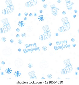 Light BLUE vector seamless template with ice snowflakes, balls, socks, mittens. Colorful illustration with xmas symbols. Pattern for design of fabric, wallpapers.