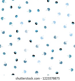 Light BLUE vector seamless template with cups of coffee, beans. Glitter abstract backdrop with gradient mugs, coffee grains. Doodle design for your business advert of cafes.