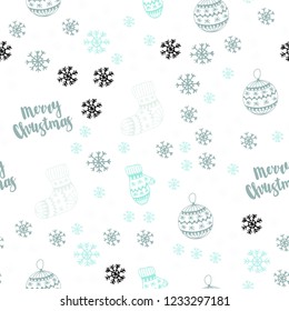 Light BLUE vector seamless template with ice snowflakes, balls, socks, mittens. Glitter abstract illustration with gradient. Pattern for design of fabric, wallpapers.