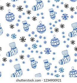 Light BLUE vector seamless template with ice snowflakes, balls, socks, mittens. Glitter abstract illustration with gradient. Template for business cards, websites.