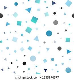 Light BLUE vector seamless template with crystals, circles, squares. Decorative design in abstract style with lines, dots, cubes. Design for textile, fabric, wallpapers.