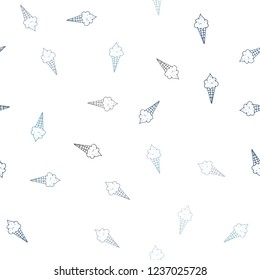 Light BLUE vector seamless template with tasty ice-cream. Glitter abstract sketch with ice-cream cones. Pattern for menu of cafes and restaurants.