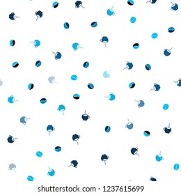 Light BLUE vector seamless template with cups of coffee, beans. Glitter abstract backdrop with gradient mugs, coffee grains. Doodle design for your business advert of cafes.