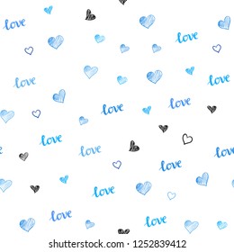 Light BLUE vector seamless template with text LOVE YOU, hearts. Illustration with words of love, hearts in abstract style. Template for business cards, websites.