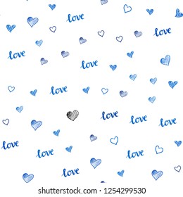 Light BLUE vector seamless template with text LOVE YOU, hearts. Design in doodle style with text LOVE YOU, hearts. Template for business cards, websites.