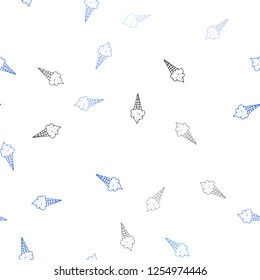 Light BLUE vector seamless template with tasty ice-cream. Decorative design of ice-cream cones in doodle style. Pattern for ads of breakfast, lunch, dinner.