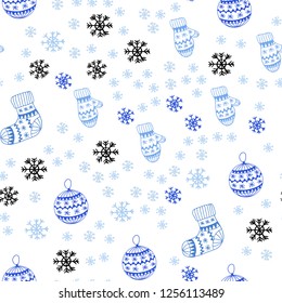 Light BLUE vector seamless template with ice snowflakes, balls, socks, mittens. Colorful illustration with xmas symbols. Design for textile, fabric, wallpapers.