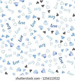 Light BLUE vector seamless template with text LOVE YOU, hearts. Design in doodle style with text LOVE YOU, hearts. Texture for window blinds, curtains.