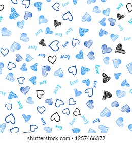 Light BLUE vector seamless template with text LOVE YOU, hearts. Illustration with words of love, hearts in abstract style. Texture for window blinds, curtains.