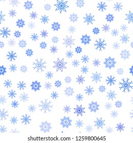 Light BLUE vector seamless template with ice snowflakes. Snow on blurred abstract background with gradient. Trendy design for wallpaper, fabric makers.