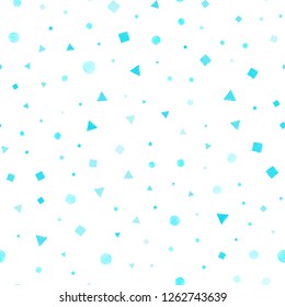 Light BLUE vector seamless template with crystals, circles, squares. Decorative design in abstract style with lines, dots, cubes. Pattern for design of fabric, wallpapers.