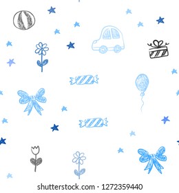 Light BLUE vector seamless template with carnival elements. Colorful illustration with a toy car, heart, baloon, tulip, candy, ball. Pattern for birthday gifts.